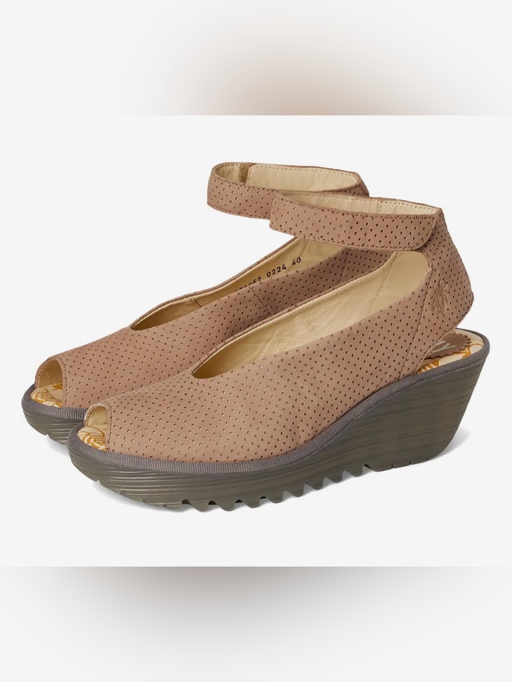 Fly London Yala Perf Platform Wedge Peep-Toe Ankle Strap Sandal - Taupe 39(8.5)